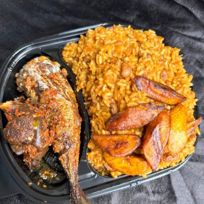 Jollof rice_beans with mackerel_ goat meat 8,500